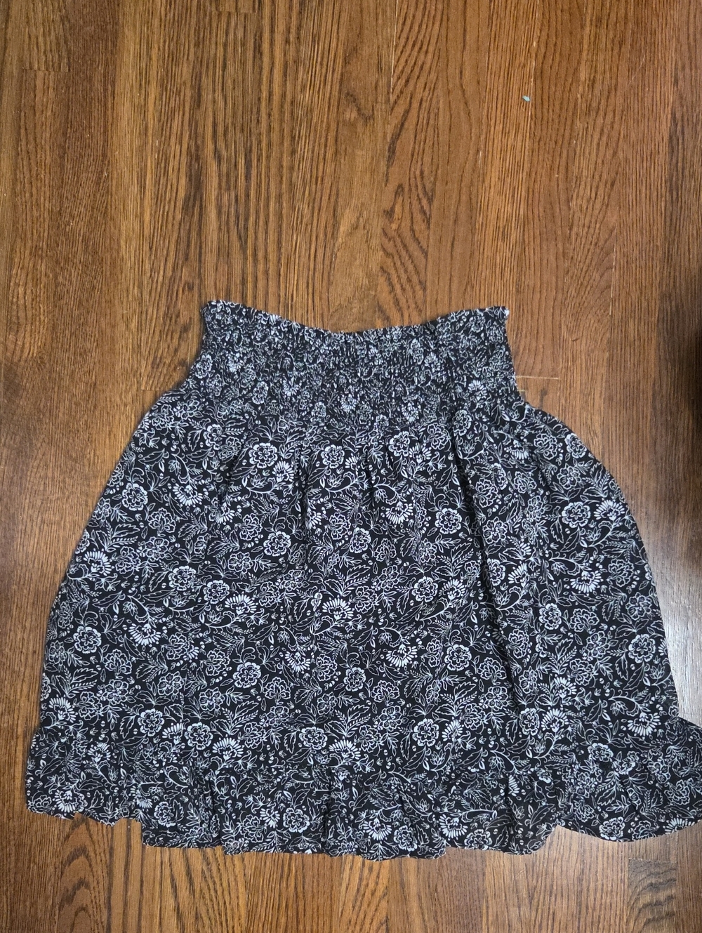 Black Floral Smocked-Waist Skater Skirt